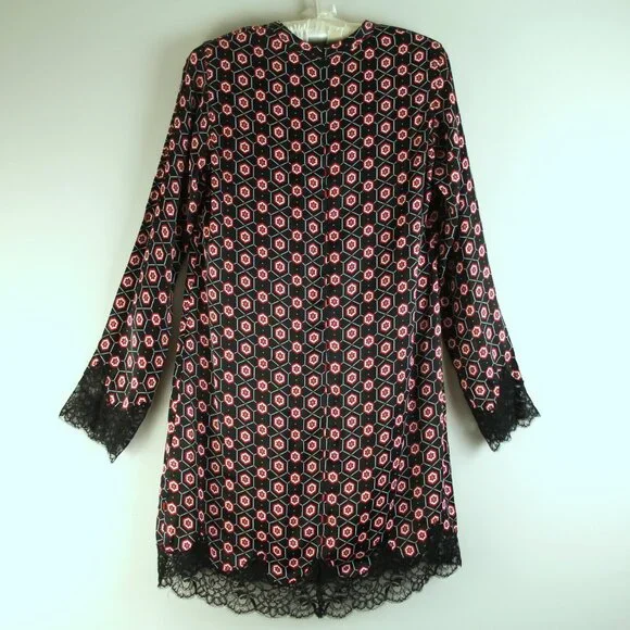 Sandro Paris Black Satin Red Floral Tie Neckline Lace Trim Mini Shift Dress 2 - Picture 4 of 6